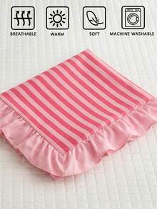 1pc Pink & Red Striped Ruffle Trim Long Pillowcase - Made Of Soft Polyester Fabric, Suitable For Bedroom Sofa Decorative Cushion, Spring Decor, Gift For Her, All Season - Multicolor - View 5