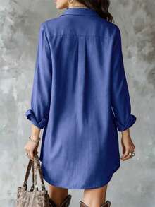 Plus Size Women's Denim Blue Long Sleeve Polyester Button-Up Shirt Dress, Turn Collar, High-Low Design, With Pockets - Denim Blue - View 2