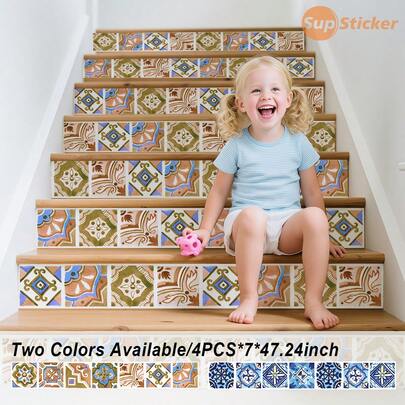 SUPSTICKER Bộ 4 miếng dán trang trí cầu thang tự dính kiểu Bohemian, họa tiết gạch men Ma-rốc cổ điển, làm từ PVC, dễ lắp đặt, chống thấm nước, chống dầu mỡ, chống bám bẩn, thích hợp cho cầu thang, nhà bếp, phòng tắm, trang trí nhà kiểu Bohemian, kích thước 7*47.24 inch.