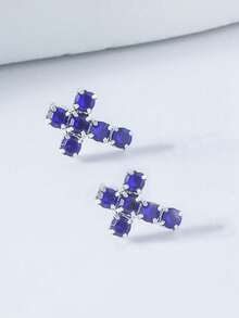 1 par de pendientes de cristal brillante, adecuados para usar en fiestas - Plata y azul - Ver 3