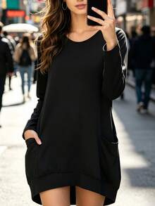 New Plus Size Black Sweatshirt, Unisex Plus Size Fit Slimming Black Sweatshirt, Knitted Brushed Fabric For Streetwear, Dating, Graduation, Suitable For All Occasions Casual Spring - Black - View 2