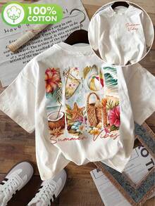 [Double-Sided Print] Women's Fashion Top, Summer Women's Clothing, Tropical Style With Coconut, Starfish And Floral Print, Round Neck Short-Sleeved T-Shirt For Women - White - View 7