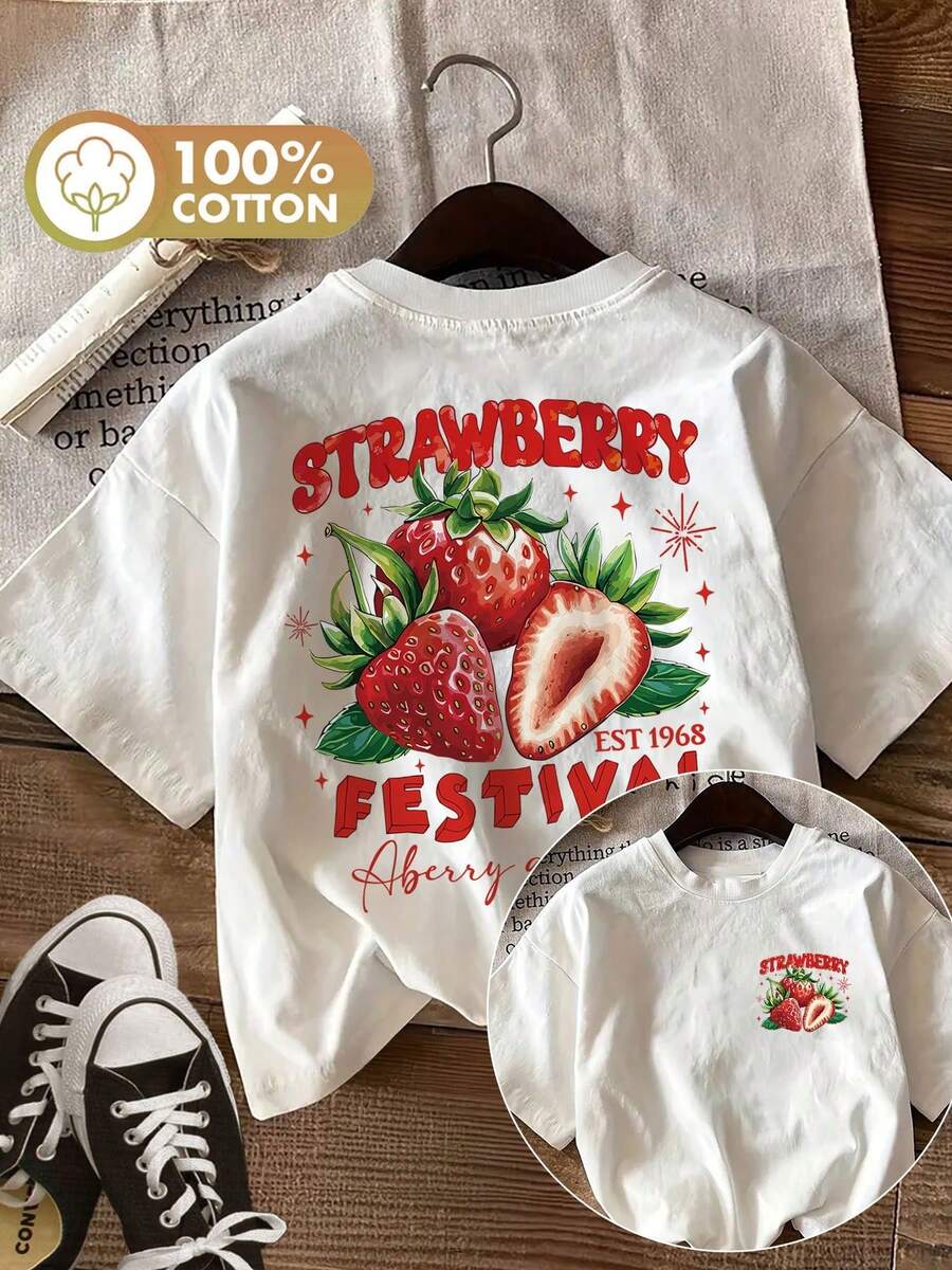 Summer Tops: Stylish, Casual Women's Top With A Double-Sided Print In A Retro Design Featuring Strawberries And Stars, A Round-Neck T-Shirt With Short Sleeves Made Of Cotton, Summer Outfit. - White - View 1
