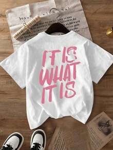 Plus-Size Women's T-Shirt With "It Is What It Is" Lettering, Casual Crew Neck, Short Sleeves, Double-Sided Graphic Design, Summer Clothing, White, Ropa Mujer - White - View 3