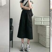 Falda de Trabajo Estilo Retro Americano, Cintura Alta, Corte en A, Talla Grande, Color Gris, Estiliza, Largo Midi, Moda Femen... - Negro - Ver 4