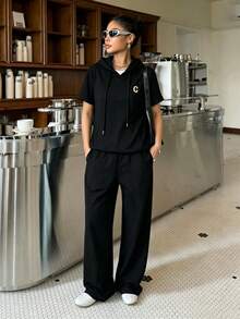 Conjunto de 2 piezas de chaqueta con cremallera y bloqueo de color deportivo, y pantalones anchos de ajuste holgado para mujer - Negro - Ver 2