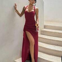 Elegant Sexy Solid Color Party Dress, Featuring Backless Design And Asymmetric/Asymmetrical High Slit Up To Thigh, Suitable For Weddings, Beach Vacations, Spring/Summer - Marrón - Ver 3