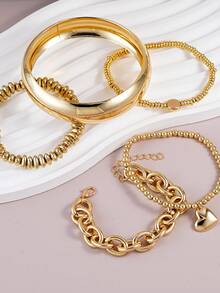 Bộ 5 chiếc vòng tay bạc dày dặn kiểu cổ điển, nhiều lớp, với dây chuyền trang trí hình trái tim đính hạt và vòng đeo tay trơn, món quà phụ kiện thời trang hoàn hảo dành cho phụ nữ. - Vàng - Xem 5