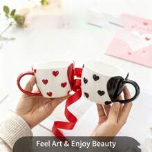 Hand-Painted Embossed Heart-Shaped Ceramic Mug Set, Cute Coffee Cup Pair, Couple Theme Drinkware, Couple Gift - Multicolor - View 12