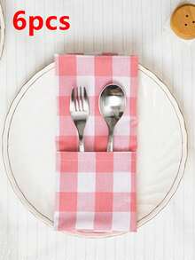 2/6/12pcs Checkered Napkins, Sweet Casual Style, Reusable, Suitable For Valentine's Day, Wedding, Outdoor Picnic, Party, Daily Home Decor - Pink - View 11