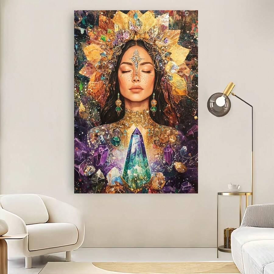 Enmarcado Lienzo enmarcado plano 2D de 1 pieza - Mujer mística sagrada con cristales, decoración espiritual cósmica vibrante, estilo art déco para uso interior/exterior, regalo perfecto para sanadores, decoración de pared espiritual, rica paleta de colores, lienzo para pared - Enmarcado - Ver 1