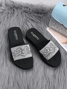 Summer Rhinestone & Pearl Thick-Sole Slide Sandals, Black Non-Slip Outdoor Slippers, Casual Vacation Soft Platform Slippers, Comfortable Versatile For Indoor & Outdoor Wear - Black S15 - View 7