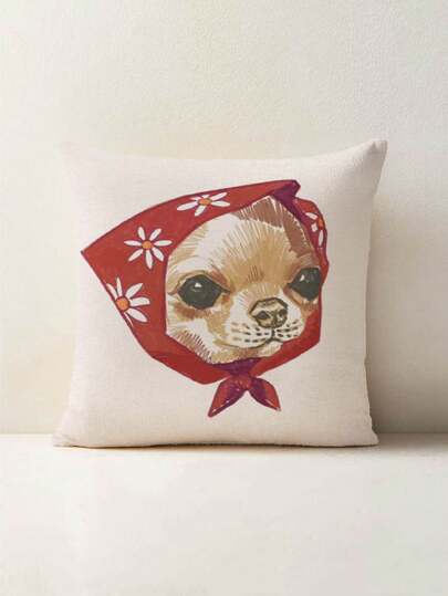 1pc Cute Chihuahua With Red Bandana Pattern Cushion Cover, Creative Printed Plush Square Pillow Case, Suitable For Living Room, Bedroom, Home Decor, Sofa Throw Pillow, Car Pillow, Applicable For All Seasons