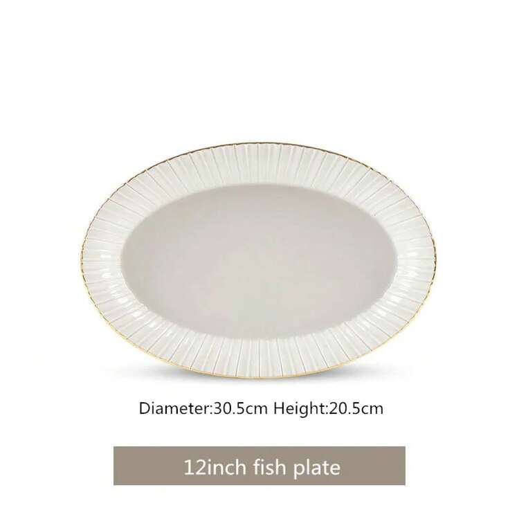 Escultura en relieve con incrustaciones doradas, cuenco de arroz de cerámica, platos, plato de carne, plato de pescado, vajilla de cerámica Premium, 1 Uds. - Plato para pescado de 12 pulgadas - Añade 2