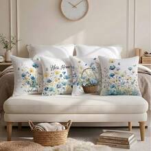 4pcs Minimalist Floral Watercolor Blue Throw Pillow Covers, Single-Sided Printed Peach Velvet, 45*45CM/18*18inch Cushion Covers Suitable For Modern Minimalist Sofa Living Room Decor, Gift, Party Decoration - Multicolor - View 9