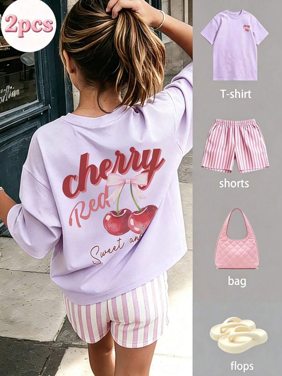 Set de 2 piezas de Blusa de manga corta con estampado de cerezas y Shorts a rayas para niñas preadolescentes, conjunto de verano con estilo fashionable/Y2K/streetwear y vibra artística - Morado - Ver 1