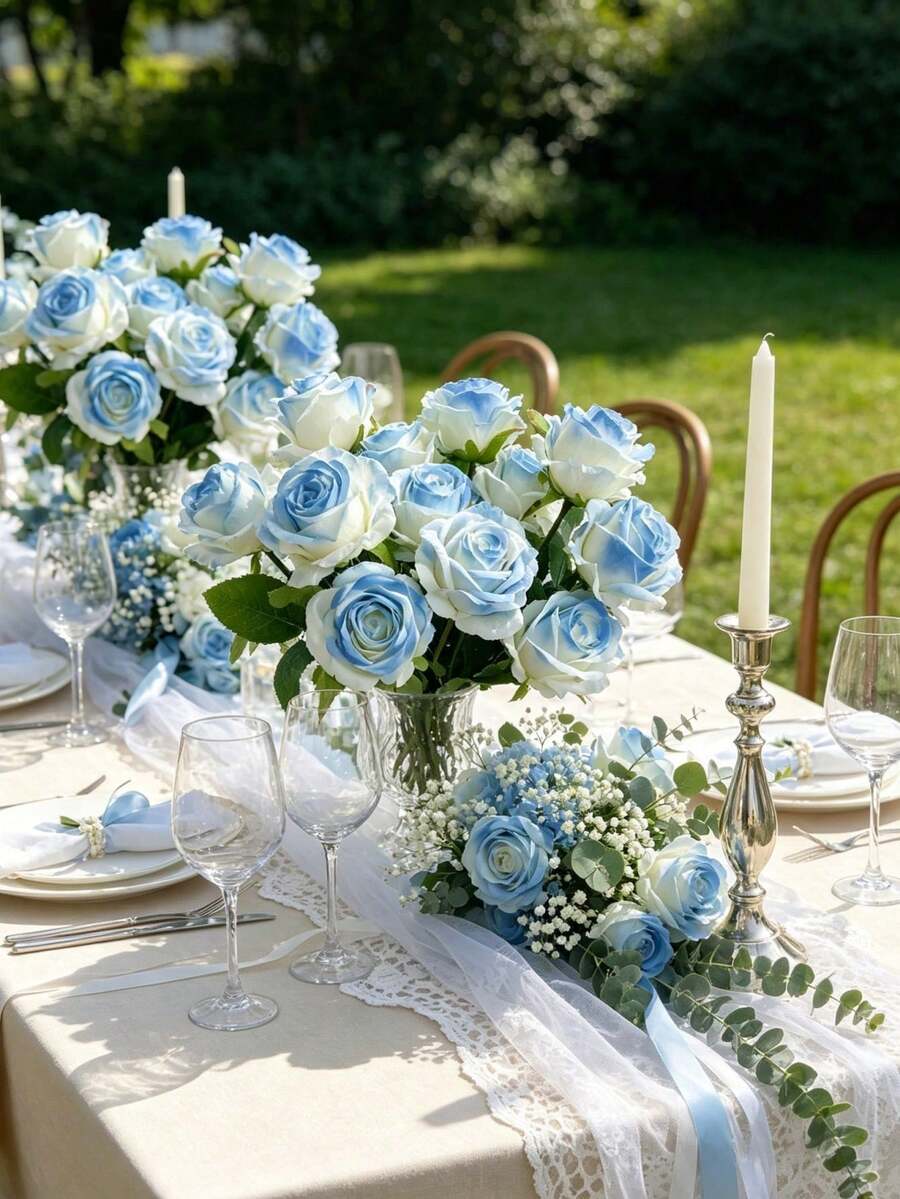 1/3/5pcs Artificial Roses, Simulated Plants, Bouquets, Suitable For Home Decoration, Wedding Decoration, Spring Decoration, Room Decoration, Kitchen Supplies, Restaurant Decoration, Bedroom Decoration, Bathroom Accessories - Blue and White - View 1