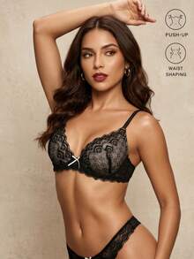 Women's Black Lace Pattern Lingerie Bra, Wireless Push-Up Bra, Underwire Lift Bra, Suitable For Wedding Dress Matching - Black - View 1
