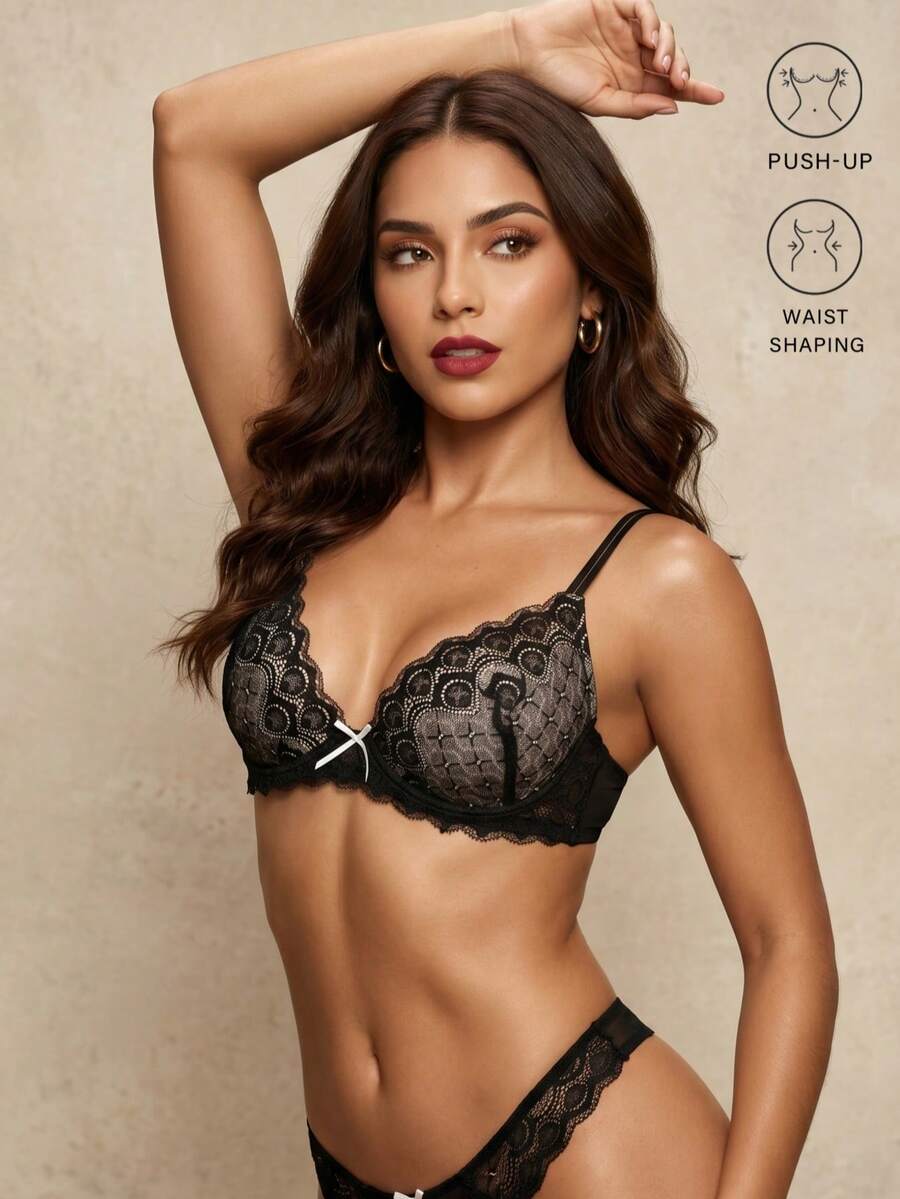 Women's Black Lace Pattern Lingerie Bra, Wireless Push-Up Bra, Underwire Lift Bra, Suitable For Wedding Dress Matching - Black - View 1