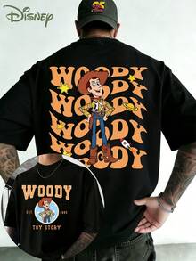 Genuinely Licensed By Disney, Disney Toy Story Sheriff Woody Double-Sided Print - Men's T-Shirt, Toy Story Woody Cartoon Image, Men's Summer Short-Sleeved Top, High-Quality 100% Cotton Short-Sleeved T-Shirt, Relaxed, Breathable, Comfortable Short-Sleeved T-Shirt For Summer, For Men And Women, Disneyland Travel Wear, Couple's T-Shirt, Everyday Wear, Street Wear, Vacation Wear, The Best Gift For Disney Lovers, Machine Washable - màu đen - Xem 1