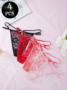 4 pezzi Mutandine da donna sexy di colore unito con stampa floreale, dolci, mature, affascinanti, con inserti in rete trasparente, perizoma a T, eleganti mutandine triangolari in tessuto a maglia, adatte per primavera, estate, autunno, inverno - Multicolore - Visualizzare 2
