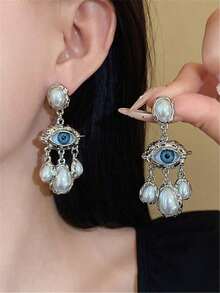 1 Pair Vintage French Style Exaggerated Unique Design Big Eye Long Faux Pearl Tassel Earrings, Fashion Water Drop Dangle Earrings, Suitable For Holiday, Party, Festival Jewelry Gift - Bạc - Xem 4