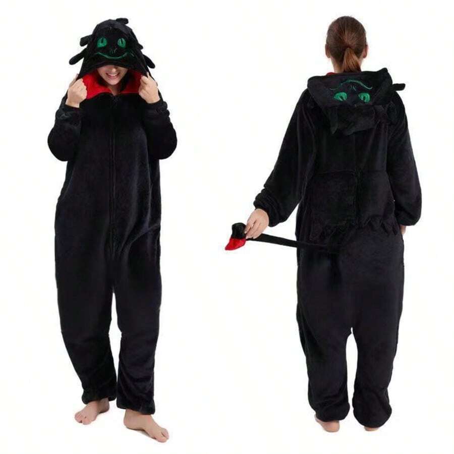 Toothless Cosplay Jumpsuit, Black & White Faux Fur Dragon Wings & Tail, Soft & Comfortable Flannel, Suitable For Teens, Adults, Men & Women, Anime Fans, Birthday, Valentine's Day, Holiday Gift - Multicolor - View 1