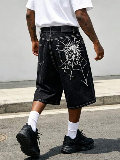 Men's Street Fashion Denim Shorts, Hiphop Style, Spider Web Embroidery, Straight Loose Thigh Denim Shorts