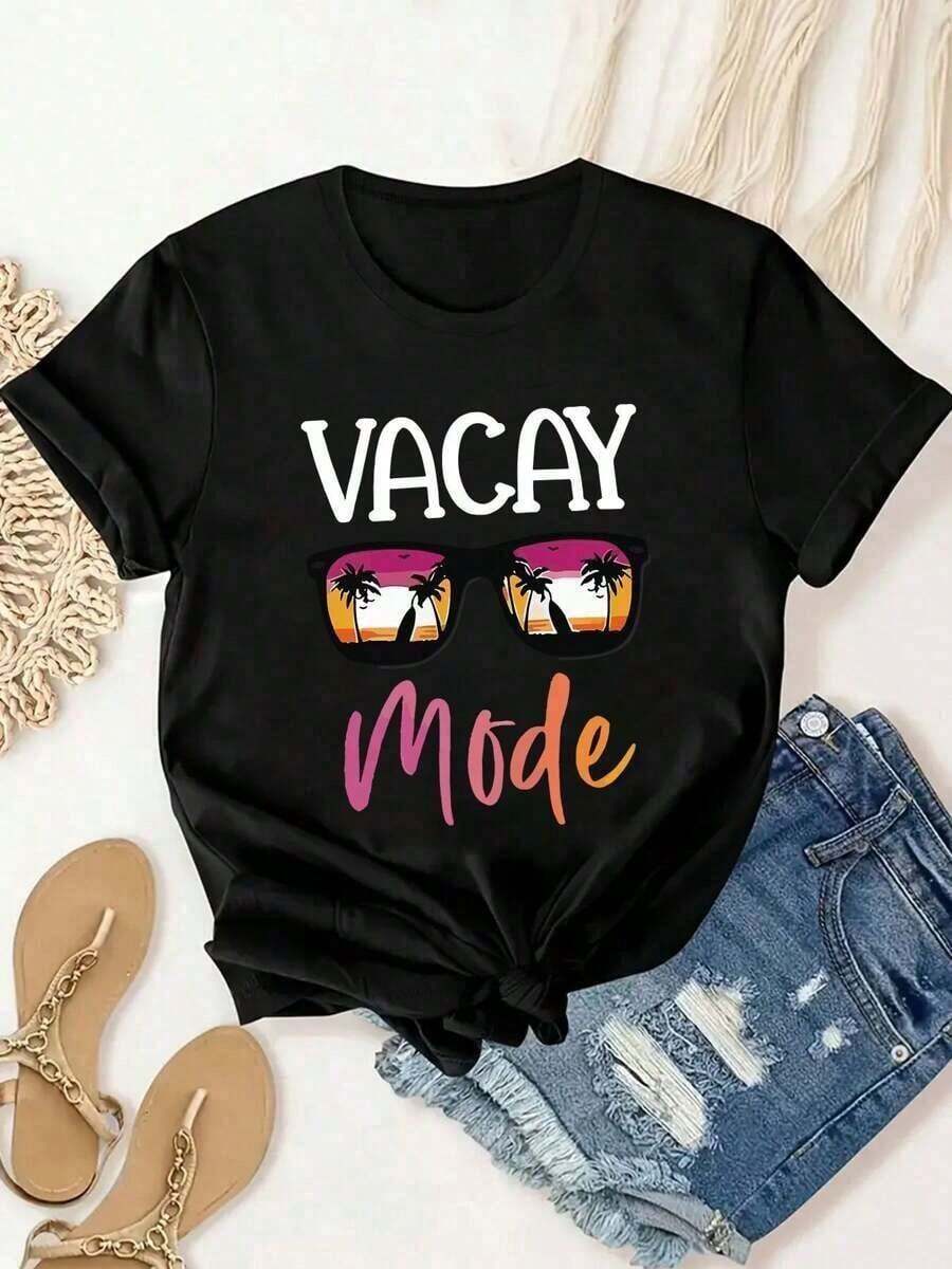 1 Camiseta de Mujer con Estampado de Modo Vacaciones, Camiseta de Verano Casual, Deportiva, de Moda, Cómoda y Suave para Uso Diario, al Aire Libre y en Casa, Transpirable, de Cuello Redondo y Manga Corta, 210g, 100% Algodón, Todos los Estampados Están Impresos. Unisexo. - Negro - Ver 1