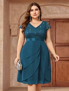Plus Size Sequin Lace V-Neck Colorblock Ruffle Hem Chiffon Cocktail Party, Wedding Guest Dress, Graduation Ceremony Elegant Summer - Dusty Blue - View 4