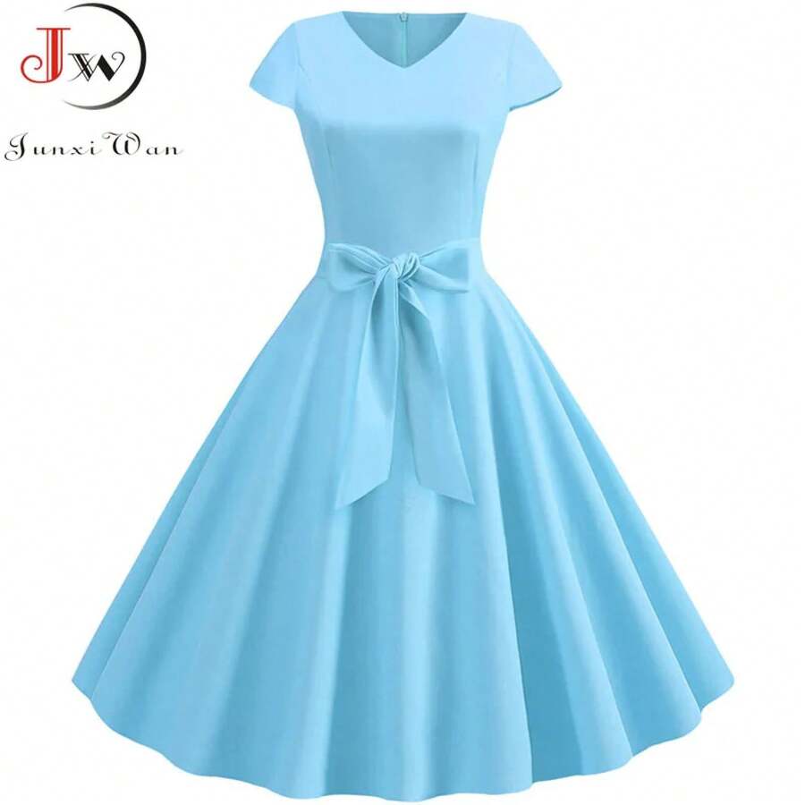 Vestido Vintage de verano para mujer con cinturón, manga corta, cuello en V, vestidos de fiesta Retro elegantes - 009 - Ver 1