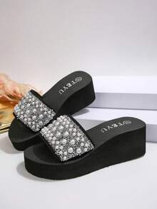 Summer Rhinestone & Pearl Thick-Sole Slip-On Sandals, Black Non-Slip Outdoor Wear, Casual Vacation Style Soft-Bottom Wedge Slippers, Suitable For Indoor & Outdoor, Comfortable & Versatile - Black S20 - View 7