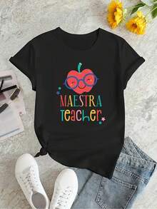 Camiseta Deportiva Casual para Hombre y Mujer, cuello redondo, manga corta, estampado divertido de letras de dibujos animados, top cómodo de verano para vacaciones, uso diario. - Negro - Ver 2