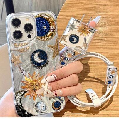 5-In-1 Set: Sun & Moon Feather Pattern Phone Case + Charger Head Cover + Cable Protector + Storage Cord, TPU Shockproof Protective Case For IPhone 6/7/8/X/XS/XR/11/12/13/14/15/16 Pro Max, Suitable As Birthday Or Christmas Gift For Couples, Girlfriends, Daughters, Teens