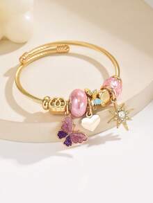 1 pieza Brazalete/Pulsera ajustable de mujer de acero inoxidable con colgante de mariposa y estrella de rhinestone, adecuado para uso diario - Rosa - B1467 - Ver 1