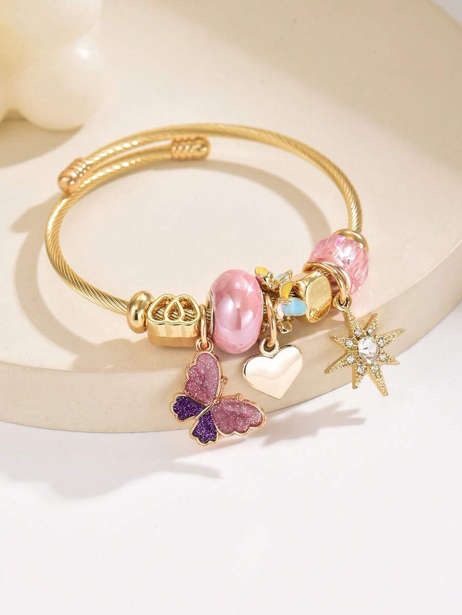 1 pieza Brazalete/Pulsera ajustable de mujer de acero inoxidable con colgante de mariposa y estrella de rhinestone, adecuado para uso diario - Rosa - B1467 - Ver 1