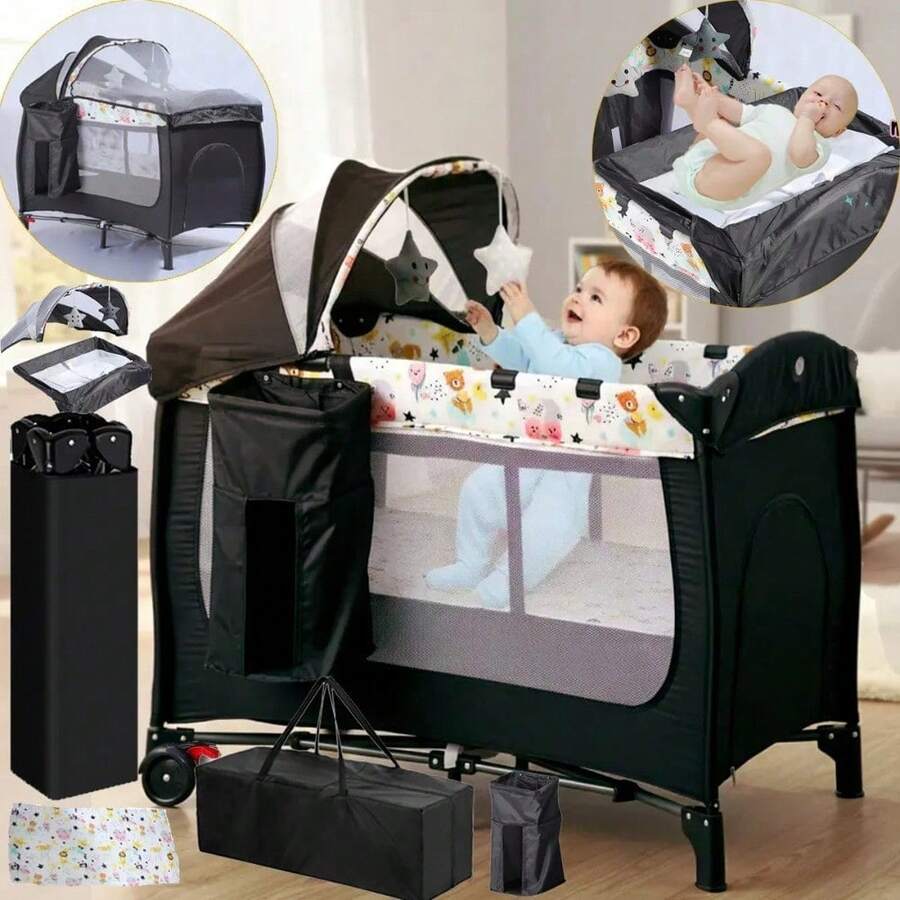 Cuna Corral Plegable Bebé Con Y Mosquitero Y Cambiador, Corral para Bebe Baratos, Corralitos Multifunción,Corral de juegos, Plegable Y Portátil,Cama De Viaje Y Corral De Juegos Exterior,Color Negro - negroc - Ver 1