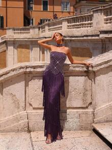 New Sexy Sleeveless Strapless Shiny Rhinestone Decor Backless Bodycon Asymmetrical Tassel Hem Maxi Dress, Party & Wedding Gown - Purple - View 5