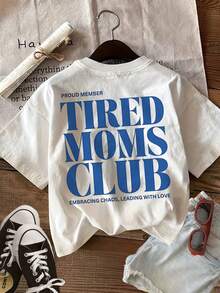 Women's Spring/Summer Double Side Print Top, Modern Style "TIRED MOMS CLUB" Lettering, Fashionable, Versatile, Casual, Crew Neck, Printed Short Sleeve T-Shirt. - White - View 2