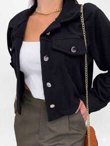Women's Winter Fashion Jacket, Women's Corduroy Coat - 黑色燈芯絨夾克 - 查看 2