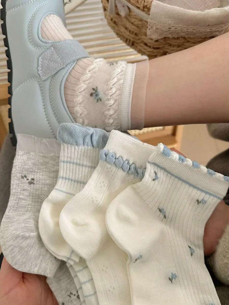 4 pares de calcetines cortos para mujer, estilo minimalista y cómodo, versátiles calcetines cortos con estilo de bosque, calcetines cortos con encaje floral y flores, calcetines casuales para estudiantes, adecuados para vacaciones, uso diario, trabajo, deportes, primavera/verano/otoño, colores aleatorios - Multicolor - Ver 1