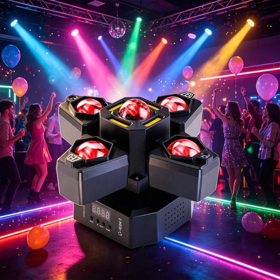 Cabeza móvil de 4 brazos, luz de escenario 4 en 1 de 70 W, haz/bola mágica/cielo estrellado rojo/verde/luz blanca con efecto estroboscópico y control DMX activado por sonido, iluminación mixta para DJ para ver torneos de fútbol, ​​carnavales, fiestas, bodas, espectáculos musicales, clubes, bares, KTV y discotecas.