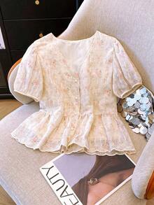 Blusa de mujer con escote en V bordada de estilo romántico francés de manga corta - Multicolor - Ver 3