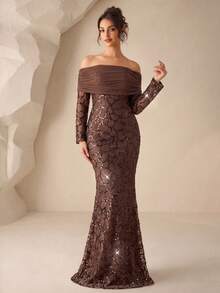 UNITHORSE [Cắt ngẫu nhiên] Đầm sequin tay dài trễ vai, eo thon - màu nâu - Xem 1