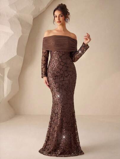  UNITHORSE [Cắt ngẫu nhiên] Đầm sequin tay dài trễ vai, eo thon
