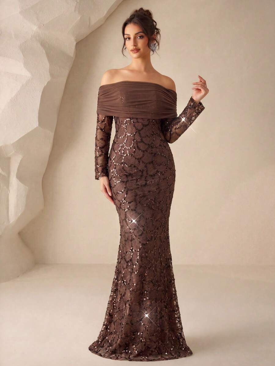 UNITHORSE [Cắt ngẫu nhiên] Đầm sequin tay dài trễ vai, eo thon - màu nâu - Xem 1