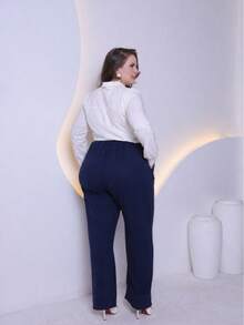 Women's Plus Size Pants In Premium Wool Knit Fabric With Tie Detail And Side Pockets, Sizes GG To G6 - 藏蓝色 - 查看 2