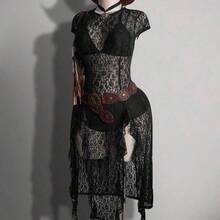 ICON Plus Size Women's Spring/Summer Retro Sexy Street Casual Fashion Individual Avant-Garde Bold Urban Modern Millennial Style Y2K Grassland Music Festival Outfit Side Slit Ruffle Black Slim Fit Lace Dress - Negro - Ver 2