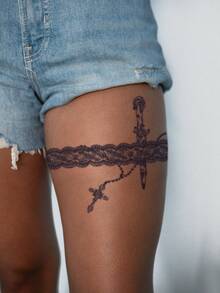 1pc Dark Lace Thigh Tattoo Sticker, Waterproof & Long-Lasting, Decorative Leg Tattoo In Ins Style - Black - View 4