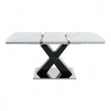 120CM-160CM Modern Rectangle Dining Table Stretchable,Printed White Marble Table Top+MDF Black X-Shape Table Leg With Metal Base - Black - View 4